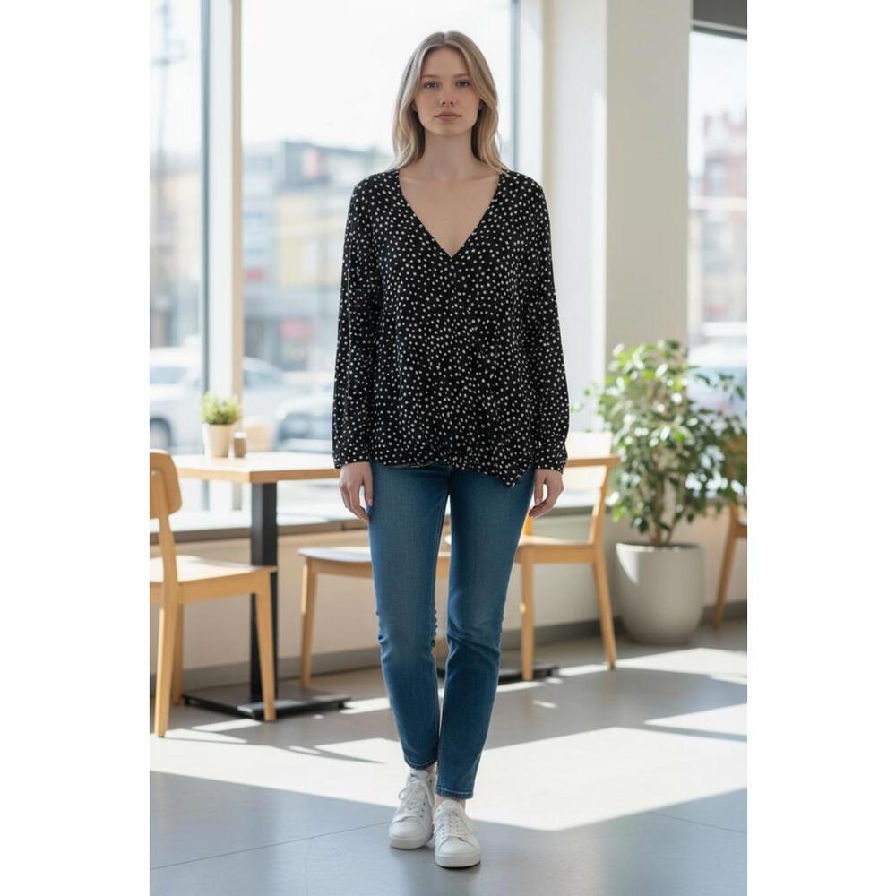 Black and White Polka Dot Long Sleeve Wrap‎ Top for Women Size Large